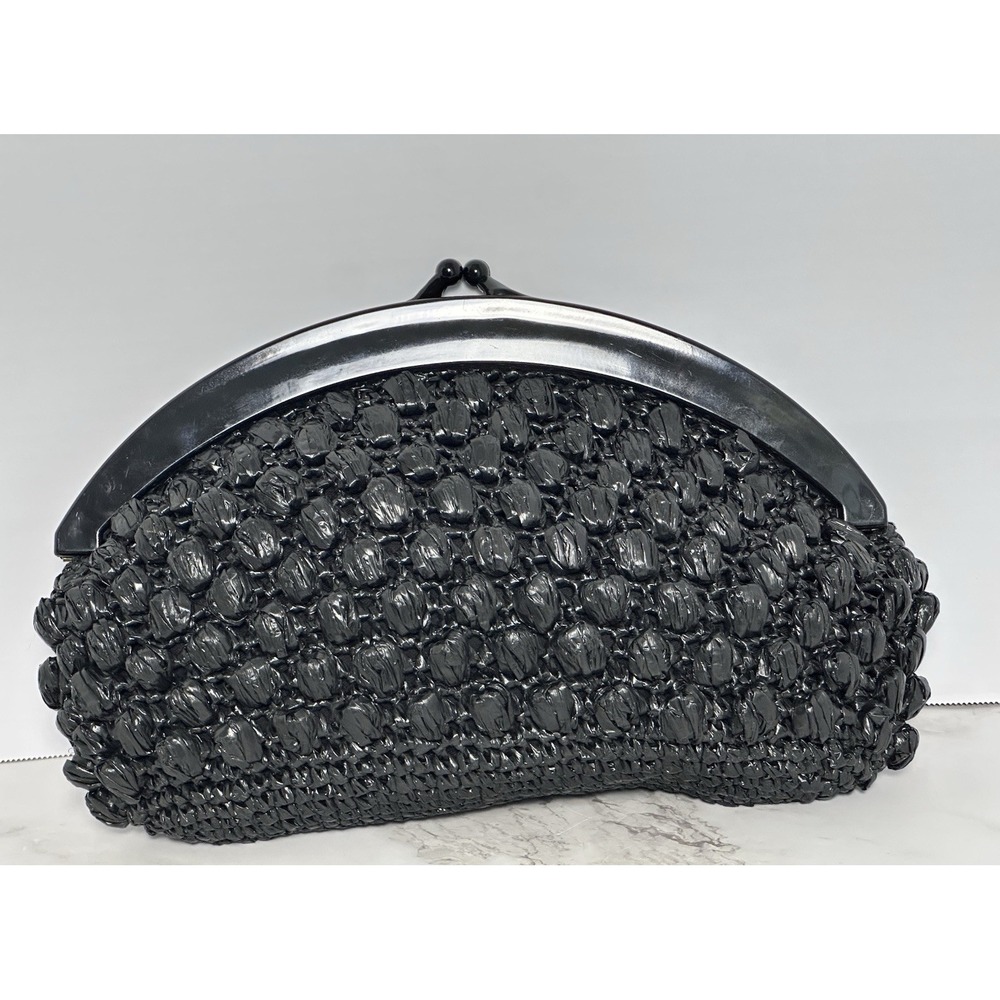 Clutch Women's Black Clutch Straw Kiss Lock Handbag - Picture 14 of 16